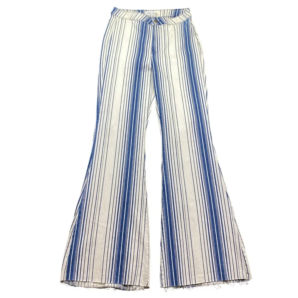 Cello Striped Denim High Rise Flare Jeans Blue White WV38225DK Size 11 NWT